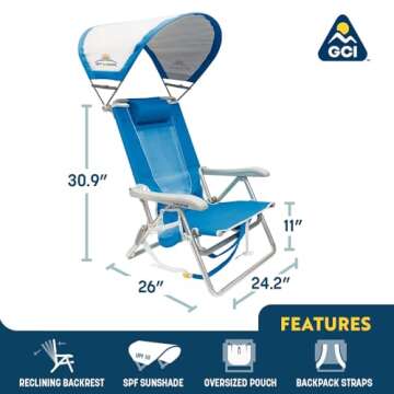 GCI Outdoor Sunshade Backpack Beach Chair | Reclining Folding Canopy Chair with Durable Armrests, Drink Holder & Carry Straps, Perfect for Beach Trips & Picnics — Saybrook Blue