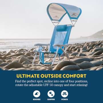 GCI Outdoor Sunshade Backpack Beach Chair | Reclining Folding Canopy Chair with Durable Armrests, Drink Holder & Carry Straps, Perfect for Beach Trips & Picnics — Saybrook Blue