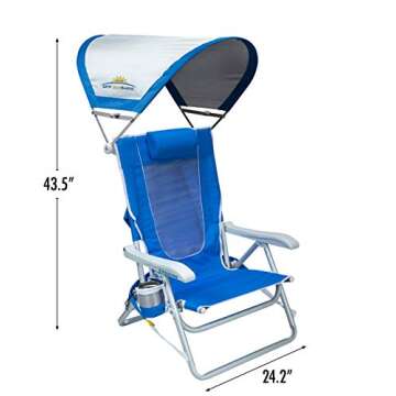 GCI Outdoor Sunshade Backpack Beach Chair | Reclining Folding Canopy Chair with Durable Armrests, Drink Holder & Carry Straps, Perfect for Beach Trips & Picnics — Saybrook Blue