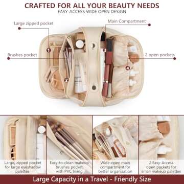 Travel Makeup Bag and Cosmetic Organizer for Women, with Multiple Pockets, Wide Open Design, Large Brush Pocket, Compact and Portable Storage Bag for Travel Accessories and Beauty Essentials (Ivory)