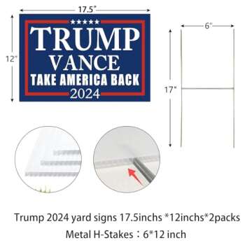 WENWELL Trump Vance 2024 Yard Signs 2-Pack – Double-Sided,Waterproof,UV Resistant,12x18 Inchs with Metal H-Stakes – Donald Trump JD Vavce Campaign Rally Placard Outdoor Lawn Decoration