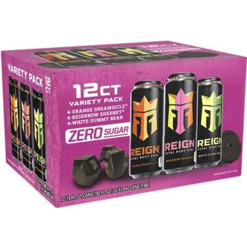 REIGN Total Body Fuel Variety Pack, Reign Orange Dreamsicle, Reign Reignbow Sherbet, Reign White Gummy Bear, Fitness & Performance Drink, 16 Fl Oz (Pack of 12)