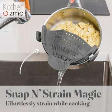 Kitchen Gizmo Snap N' Strain - Silicone Pasta Strainer Clip-On for Pots and Pans - Heat Resistant Colander for Vegetables and Noodles - Kitchen Gadgets for Cooking - Space-Saving Design - Grey