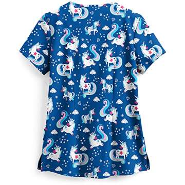 Strictly Scrubs Women's Royal Unicorn Dance Stretch Scrub Top – Rounded V-Neck Medical Scrub Top (Medium)