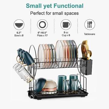 iSPECLE Dish Drying Rack - 2 Tier Small Dish Racks for Kitchen Counter with Drainboard, Utensil & Glass Holder, Small Dish Dryer Rack, Multifunctional Dish Drainer for Kitchen Organization, Black