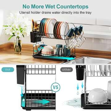 iSPECLE Dish Drying Rack - 2 Tier Small Dish Racks for Kitchen Counter with Drainboard, Utensil & Glass Holder, Small Dish Dryer Rack, Multifunctional Dish Drainer for Kitchen Organization, Black