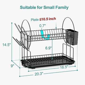 iSPECLE Dish Drying Rack - 2 Tier Small Dish Racks for Kitchen Counter with Drainboard, Utensil & Glass Holder, Small Dish Dryer Rack, Multifunctional Dish Drainer for Kitchen Organization, Black