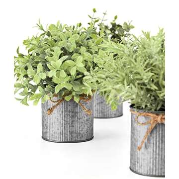 Mkono Mini Fake Plants in Farmhouse Galvanized Metal Pots Table Centerpiece Rustic Home Decor, 3 Pack Potted Artificial Plants Faux Eucalyptus for Shelf Indoor Dining Room Office