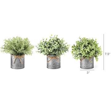 Mkono Mini Fake Plants in Farmhouse Galvanized Metal Pots Table Centerpiece Rustic Home Decor, 3 Pack Potted Artificial Plants Faux Eucalyptus for Shelf Indoor Dining Room Office