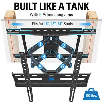 Mounting Dream TV Mount Full Motion TV Wall Mount for Most 32-65 Inch Flat Screen TV, Wall Mount TV Bracket with Dual Arms, Max VESA 400x400mm and 99 LBS, Fits 16", 18", 24" Studs MD2380-24K TV Mounts