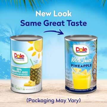 Dole 100% Pineapple Juice, No Added Sugar, Excellent Source of Vitamin C, 100% Fruit Juice, 46 Fl Oz Can, Packaging May Vary