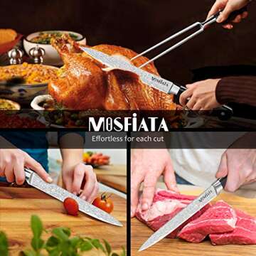 MOSFiATA 8" Carving Knife and 7" Fork Set Brisket Slicing Knife Premium Meat Cutting Knife German High Carbon Stainless Steel EN.4116 BBQ knives for Slicing Meats, Fruits and Vegetables