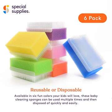 Special Supplies (6 Pack) Baby Bath Sponges Soft Foam Sensory Scrubber with Cradle Cap Bristle Brush - Body, Hair, and Scalp Cleaning - Gentle on Infant, Toddler Sensitive Skin - Great Sensory Feel