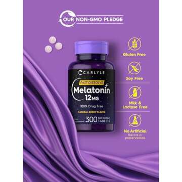 Carlyle Melatonin 12 mg Fast Dissolve 300 Tablets | Drug Free | Natural Berry Flavor | Vegetarian, Non-GMO, Gluten Free