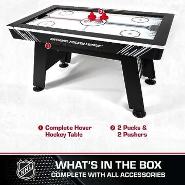 NHL 60" Air Hockey Table - Fast-paced air Powered Surface with Electronic Overhead Arena Scoreboard - Includes 2 Pucks and 2 Pushers, Black/White