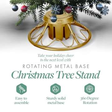 Home Heritage Artificial Christmas Tree Base Rotating Metal Stand for 1 to 1 3/4 Inch Diameter Artificial Christmas Tree Poles, 22 Inch, Gold