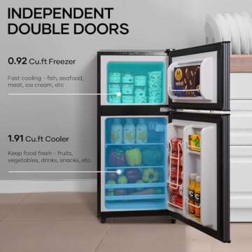 BODIOO Mini Fridge with Freezer, 2.8 Cu.Ft, Small Fridge with 7 Settings Temperature Adjustable, 2 Doors, Low Noise, Mini Refrigerator for Living Room,Office,Kitchen and Apartment, Dark Gray