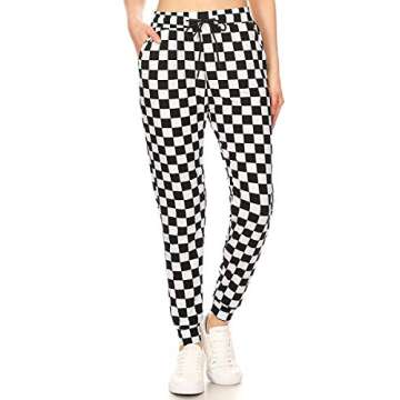 Leggings Depot Women's Relaxed fit Jogger Pants - Track Cuff Sweatpants with Pockets-S534, Small, B&W Checkered