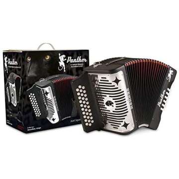 Hohner Panther G/C/F 3-Row Diatonic Accordion 3100GB - Black Bundle with Hohner Strap, Mini Harmonica, Juliet Music Polish Cloth & Piano Key Stickers