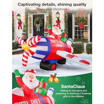 NIORSUN 8FT Airplane Christmas Inflatable Outdoor Decorations with LED Lights,Inflatable Santa Claus Flying an Airplane with Gifts,Giant Christmas Blow Ups Yard Decor for Indoor Outdoor Xmas Party