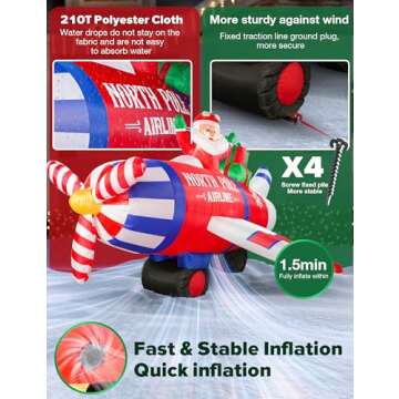 NIORSUN 8FT Airplane Christmas Inflatable Outdoor Decorations with LED Lights,Inflatable Santa Claus Flying an Airplane with Gifts,Giant Christmas Blow Ups Yard Decor for Indoor Outdoor Xmas Party