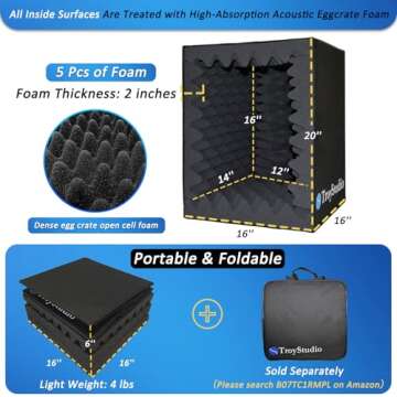 TroyStudio Portable Vocal Booth, Large Foldable Microphone Isolation Shield, Music Recording Studio Sound Echo Absorbing Box, Desk & Stand Use Reflection Filter with Thickened Dense Acoustic Foam