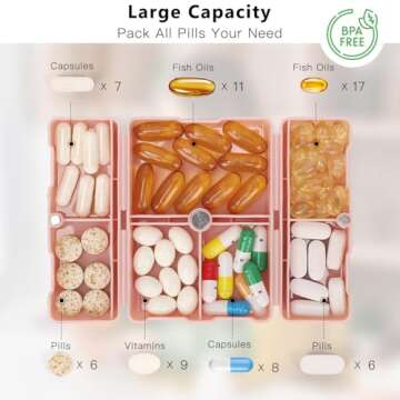 FYY Daily Pill Organizer, 7 Compartments Portable Pill Case Travel Pill Organizer,[Folding Design] Pill Box for Purse Pocket to Hold Vitamins,Cod Liver Oil,Supplements and Medication-Pink