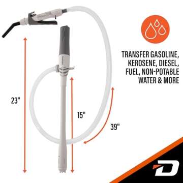 Deway Automatic Fuel Transfer Small 15" Pump, Nozzle for Quick Flow Control & Stop, Powerful D Battery Powered, 39" Extra Long Hose Fits All Size Cans, Portable Liquid Pump Transfers at 2.4 Gal/Minute