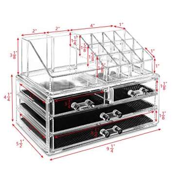 Ikee Design Acrylic Makeup Organizer with 4 Drawers and Removable Top Lipstick Holders, Ideal for Make-up or Accessories,Enhance Your Vanity or Bathroom with Clear Design for Quick Visibility