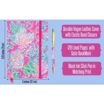 Lilly Pulitzer Bound Journal with Black Ink Pen, Writing Set Includes Lined Notebook with 128 Pages and Matching Click Pen, Seaing Things