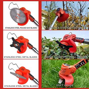 Cordless Brush Cutter Battery with 3Function Blades,Stringless Weed Wacker Electric Brush Cutter Battery Powered by 2Pcs 4Ah Batteries,Weed Trimmer for Garden Yard Brush Trimming,Lightweight (Red)