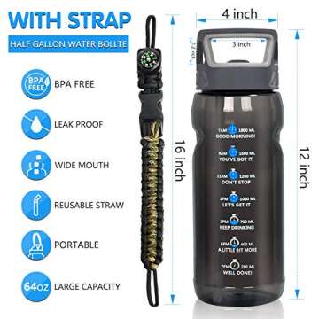 LEGEND SANDY Big Motivational Half Gallon Water Bottle with Straw, BPA Free Resuable 64 OZ Water Bottle with Straw & Time Marker, 1/2 Gallon Sports Water Jug for Camping Hiking Fitness