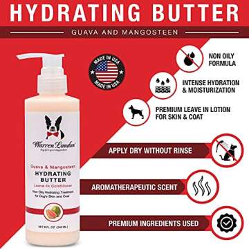 Warren London Hydrating Butter Leave In Pet Conditioner for Dogs | Lotion Skin and Coat Aloe Puppy & Dog Hair Detangler, Dry Skin, Fur Dandruff Use After Shampoo Bathing Made in USA Guava 8oz