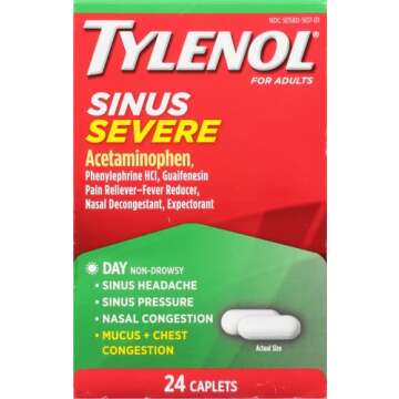 Tylenol Sinus Severe Daytime Cold & Flu Relief Medicine Caplets, Non-Drowsy Pain Reliever, Fever Reducer Expectorant & Decongestant, Acetaminophen, Guaifenesin & Phenylephrine HCl, 24 ct