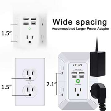 USB Wall Charger, Surge Protector, QINLIANF 5 Outlet Extender with 4 USB Charging Ports (4.8A Total) 3-Sided 1680J Power Strip Multi Plug Outlets Wall Adapter Spaced for Home Travel Office(2U2C),White