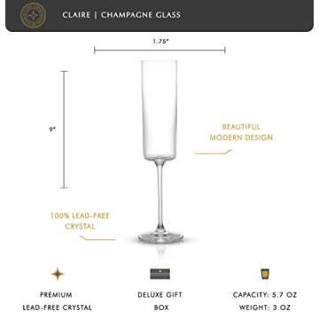 JoyJolt Champagne Flutes – Claire Collection Crystal Champagne Glasses Set of 2 – 5.7 Ounce Capacity – Exquisite Craftsmanship – Ideal for Home Bar, Special Occasions – Made in Europe