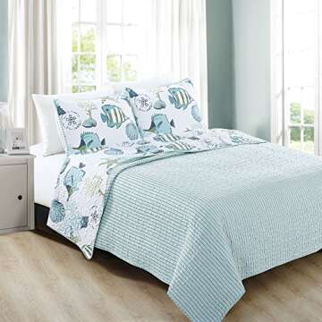 Home Fashion Designs 3-Piece Coastal Beach Theme Quilt Set with Shams. Soft All-Season Luxury Microfiber Reversible Bedspread and Coverlet. Seaside Collection Brand. (Full/Queen, Multi)