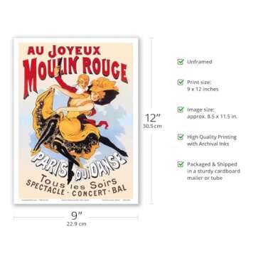 Au Joyeux Moulin Rouge (Happy at the Moulin Rouge) - Dance Cabaret - Paris France - Vintage Theater Poster c.1890s - Master Art Print (Unframed) 9in x 12in