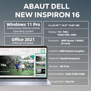 Dell Inspiron 16 Business Laptop - 16" FHD+ Display, AMD Ryzen 7-8840U(8-Core), 16GB DDR5, 1TB SSD, FHD Webcam, Backlit Keyboard, Wi-Fi 6E, Win 11 Pro, with Office Lifetime License & Accessory