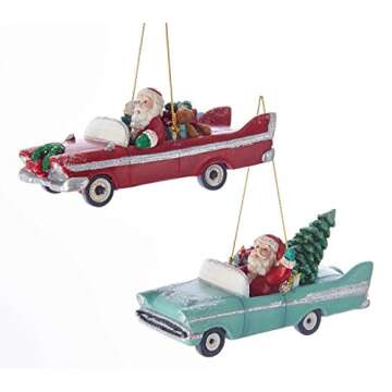 Kurt Adler Santa Driving Retro Car Christmas Holiday Ornaments Set of 2 Mid Century Style