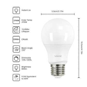 Linkind A19 LED Light Bulbs Dimmable, 60W Equivalent, 2700K Soft White, 9.5W 800 Lumens, E26 Standard Base, UL Listed, Lighting for Bedroom Living Room Home Office, 6 Packs