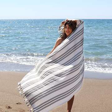 Taste of Trends 75% Raw Cotton%25 Linen Eco-Friendly Turkish Peshtemal Towel - Fouta for Beach Bath Pool Sauna Gym Gift – Natura Peshtemal, Oversized 37"x 69" - 94cm x 175cm (Black Striped Creamy)