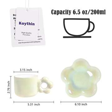 Koythin Ceramic Coffee Mug with Saucer Set, Creative Cute Cup with Flower Saucer, Novelty Cups with Flower Handle for Office and Home, 6.5oz Aesthetic Mugs for Tea Latte Milk (Pearl White)