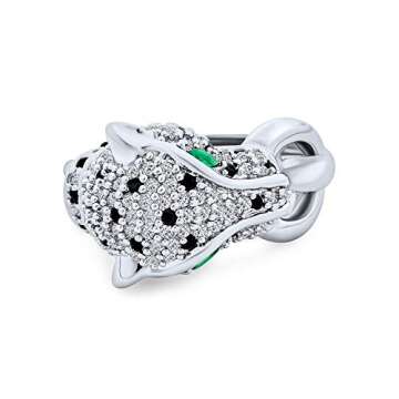 Bling Jewelry Green Eye Black White Cubic Zirconia CZ Fashion Leopard Panther Cat Statement Bypass Ring for Women Silver Plated Brass