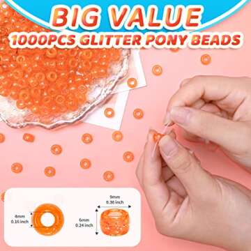 Iooleem Pony Beads(1000pcs Orange Glitter Pony Beads), Beads for Jewelry Making, Pony Beads for Crafts, Beading Supplies, Arts & Crafts Materials for Jewelry Making.