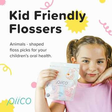 Piico Unflavored Kids Floss - No Fluoride Dual Line Dental Floss Picks - Fun Oral Care in Colorful Floss Sticks Design - Kids Flossers Avoid Tooth Decay & Gum Disease - 80 Count Zoo