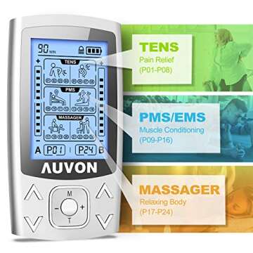 AUVON Dual Channel TENS EMS Unit 24 Modes Muscle Stimulator for Pain Relief, Rechargeable TENS Machine Massager with 12 Pads, ABS Pads Holder, USB Cable and Dust-Proof Storage Bag