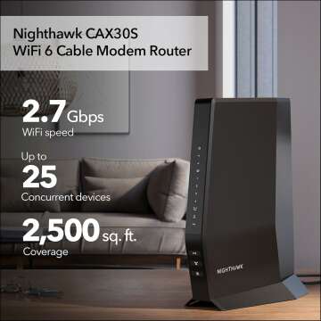 NETGEAR Nighthawk Cable Modem + WiFi 6 Router Combo with 90-day Armor Subscription (CAX30S) - Compatible with Major Cable Providers incl. Xfinity, Spectrum, Cox - AX2700 (Up to 2.7Gbps) - DOCSIS 3.1