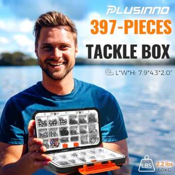 PLUSINNO 397pcs Fishing Accessories Kit, Fishing Tackle Box with Tackle Included, Hooks, Weights, Jig Heads, Swivels Snaps Combined into 12 Rigs, Fishing Gear Equipment for Bass