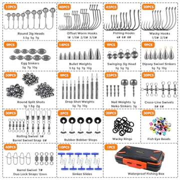 PLUSINNO 397pcs Fishing Accessories Kit, Fishing Tackle Box with Tackle Included, Hooks, Weights, Jig Heads, Swivels Snaps Combined into 12 Rigs, Fishing Gear Equipment for Bass